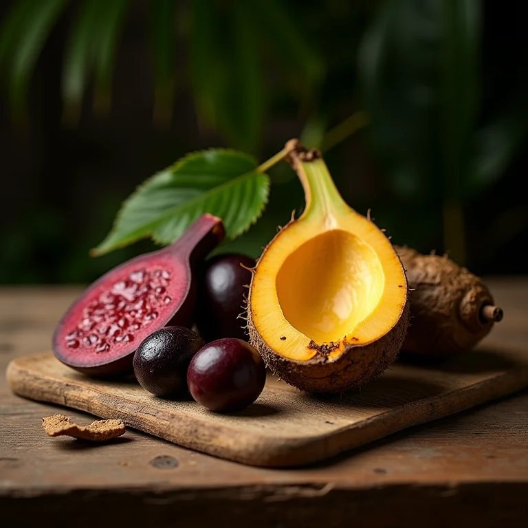 Ingredientes nativos brasileiros: açaí, mandioca e cupuaçu.