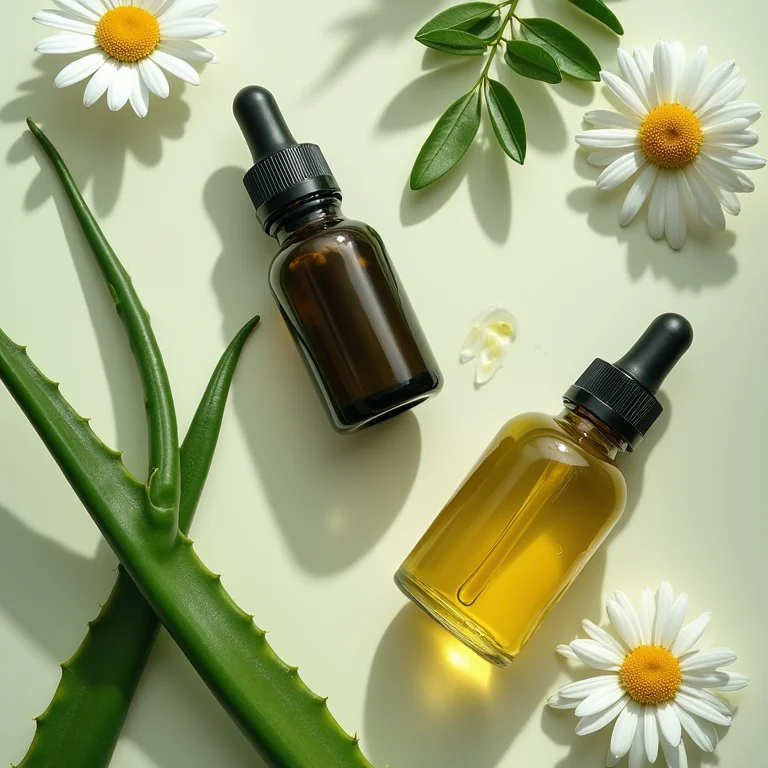 Ingredientes naturais para aliviar a psoríase: aloe vera, camomila e óleo de melaleuca.