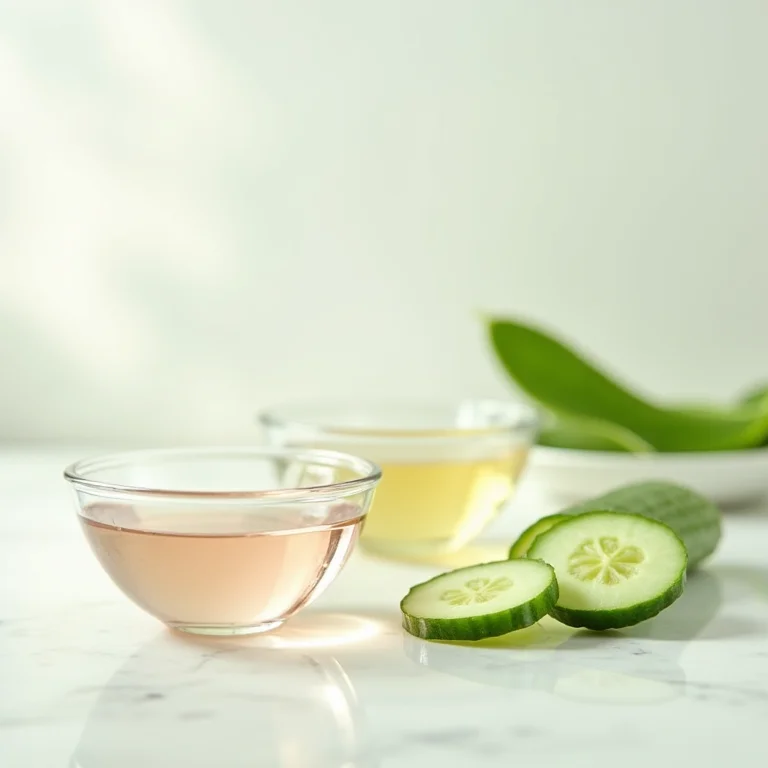 Ingredientes naturais para fazer tônico facial caseiro: água de rosas, chá verde, aloe vera e pepino.