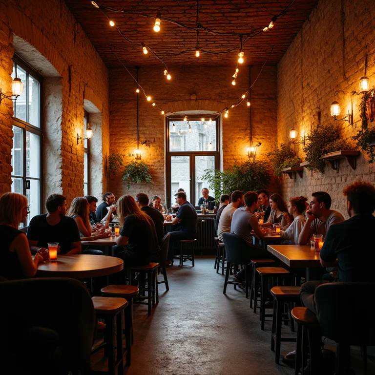 Interior de um bar em ruínas em Budapeste com móveis ecléticos e luzes.