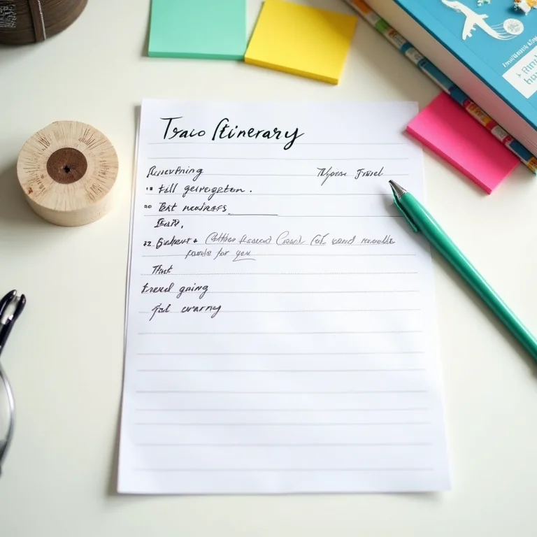 Itinerário de viagem escrito à mão com notas coloridas.