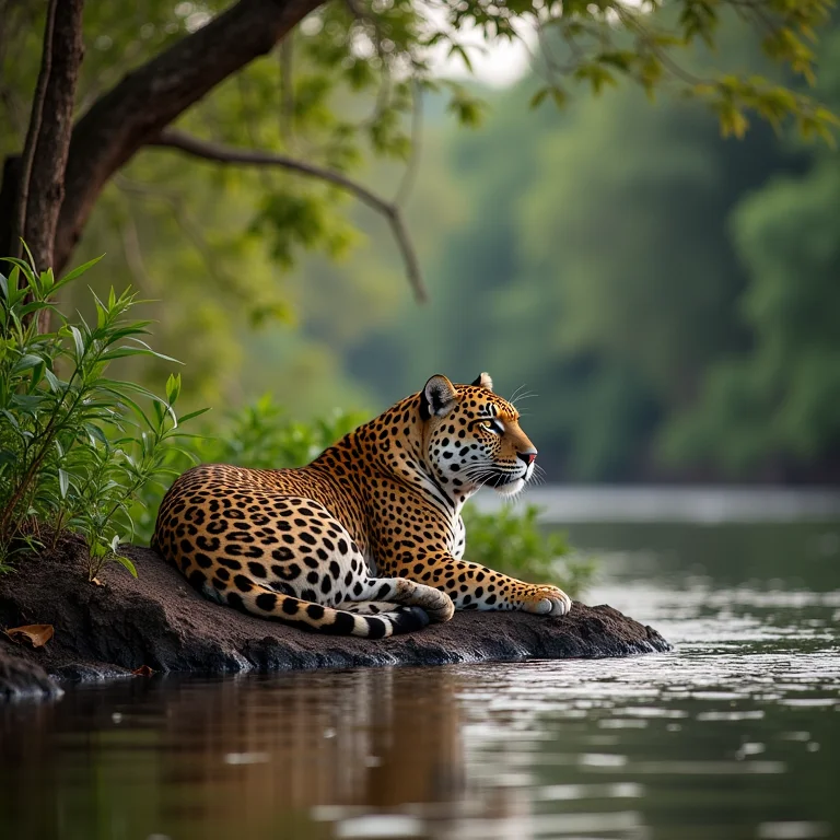 Jaguar descansando na margem de um rio no Pantanal