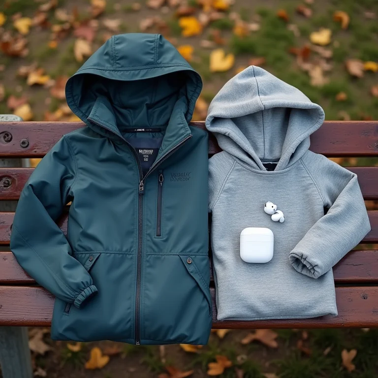 Jaqueta corta-vento e moletom para caminhadas em dias de clima ameno.