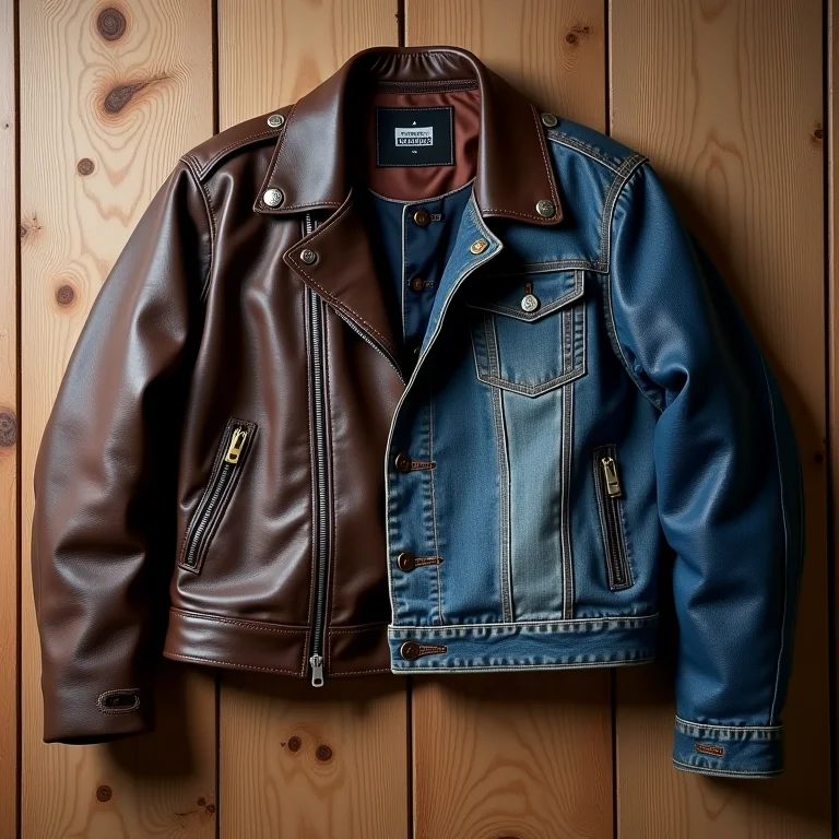 Jaquetas de couro, jeans e bomber dispostas em uma superfície de madeira texturizada