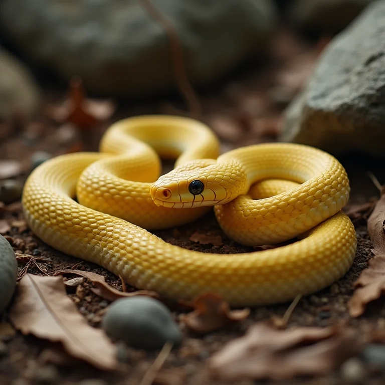 Jararaca-ilhoa enrolada entre rochas e folhas secas.