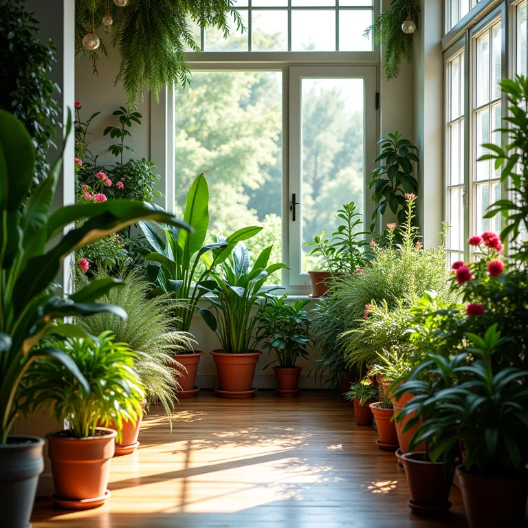 Jardim interno exuberante com diversas plantas e flores em vasos