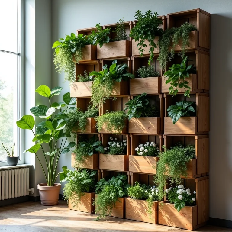 Jardim vertical cheio de vida feito com caixotes de feira