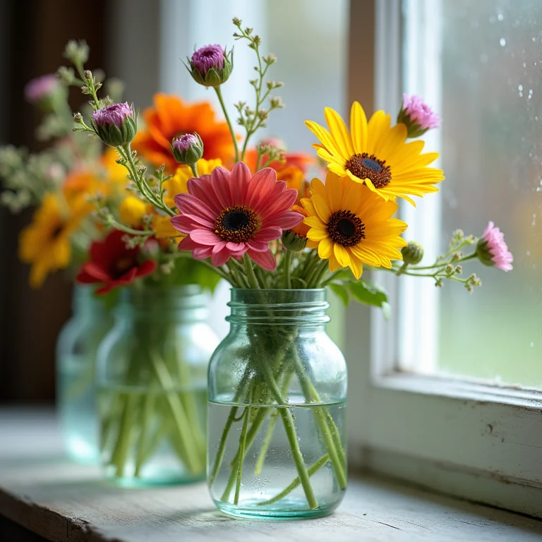 Jarras de vidro reaproveitadas como vasos de flores.