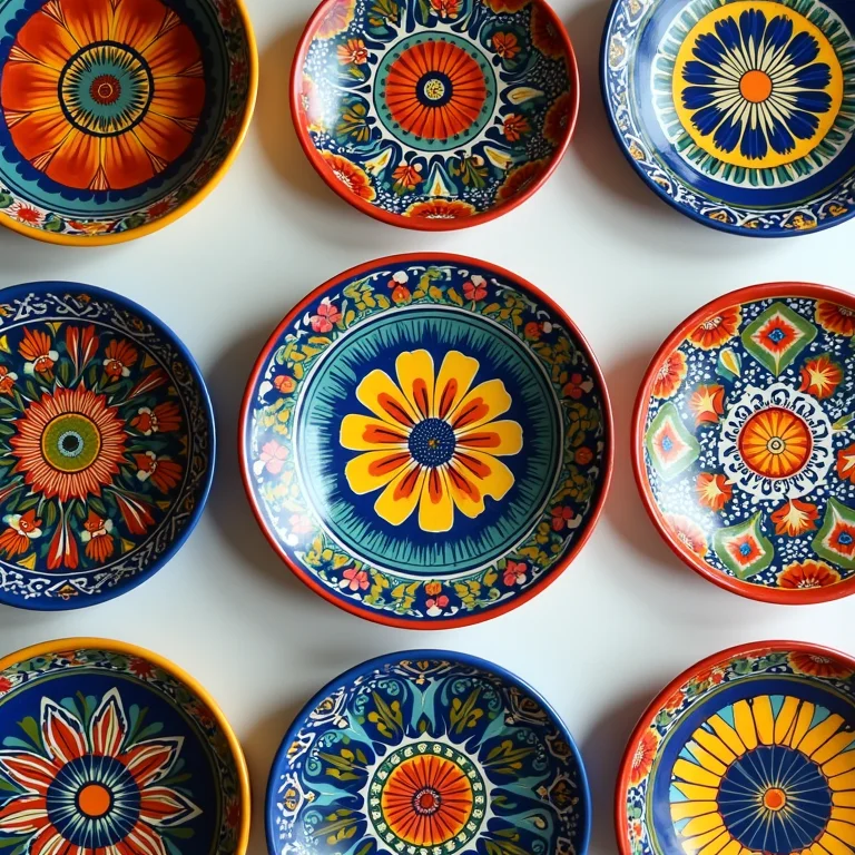 Jogo de pratos de cerâmica mexicana pintados à mão.