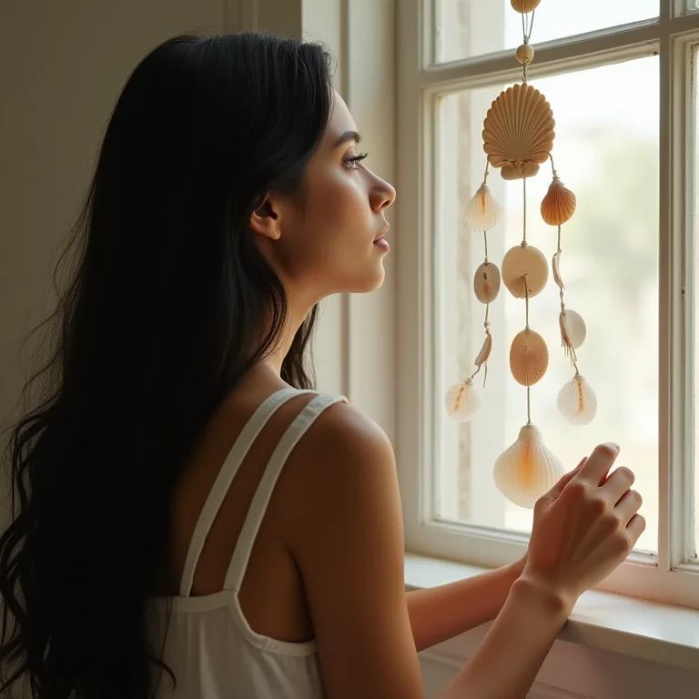 Jovem ajustando cortina de conchas