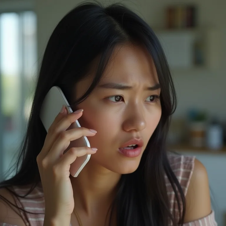 Jovem asiática-brasileira frustrada com ligação de má qualidade