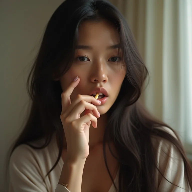 Jovem asiática-brasileira hidratando os lábios