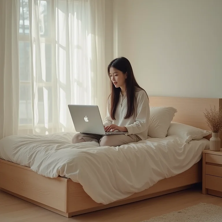 Jovem asiática-brasileira trabalhando em cama multifuncional