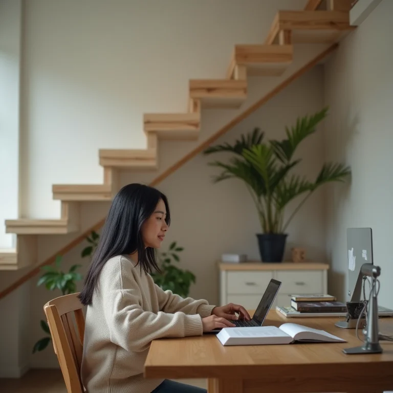 Jovem asiática-brasileira trabalhando em home office embaixo da escada.