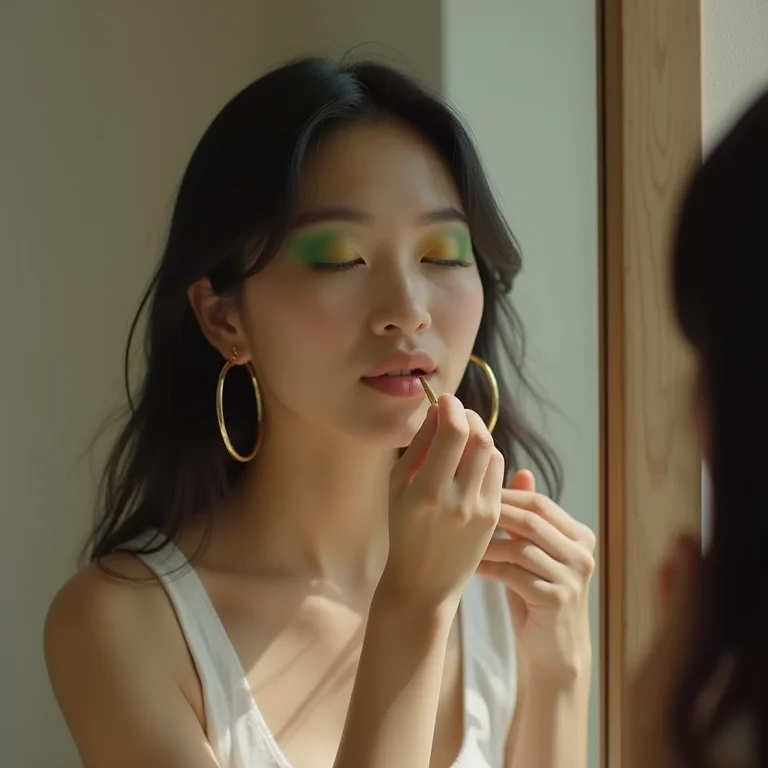 Jovem asiática-brasileira usando maquiagem com as cores do Brasil.