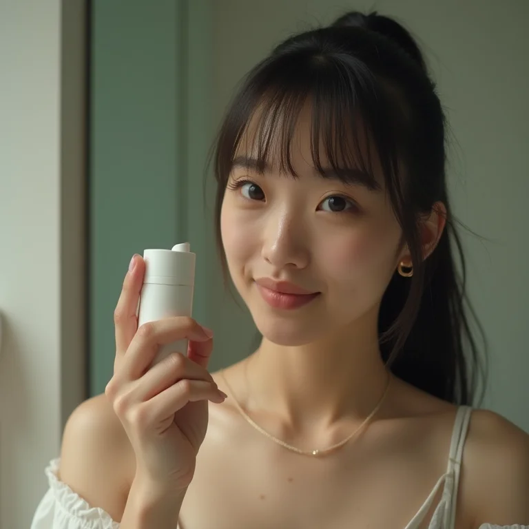 Jovem asiático-brasileira aplicando desodorante roll-on.