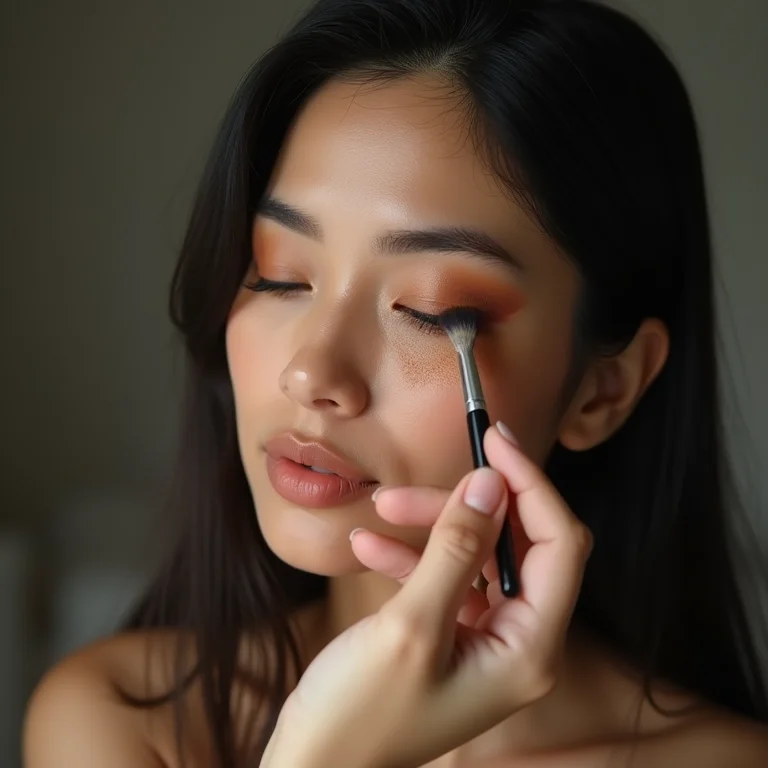 Jovem asiático-brasileira aplicando sombra com textura suave.