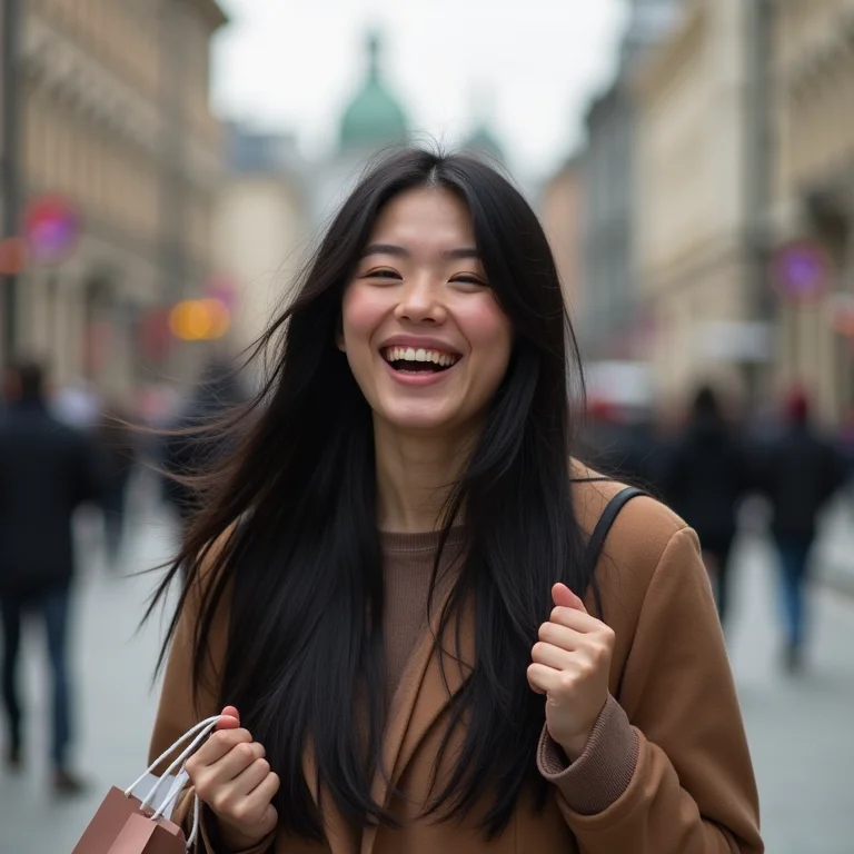 Jovem asiático-brasileira caminhando na Avenida Nevsky.