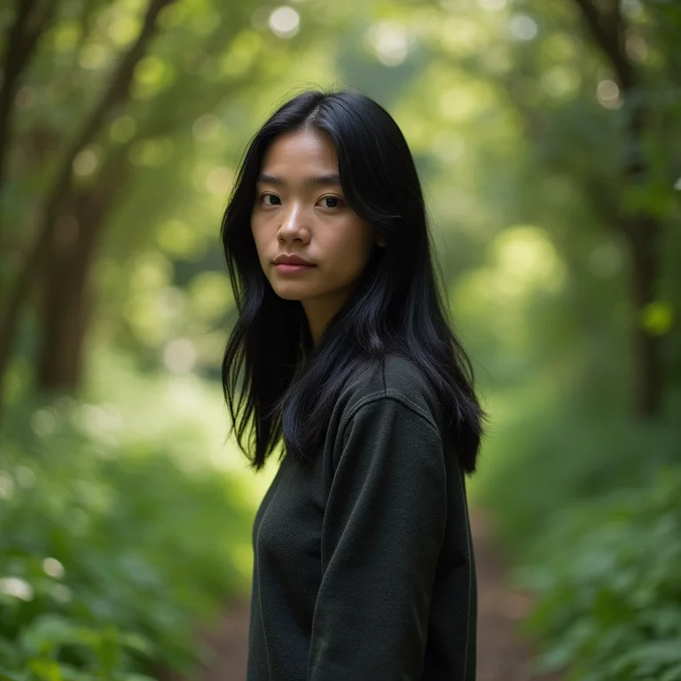 Jovem asiático-brasileira caminhando no Auckland Domain.