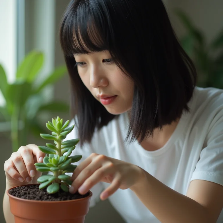 Jovem asiático-brasileira fazendo poda de limpeza em suculenta