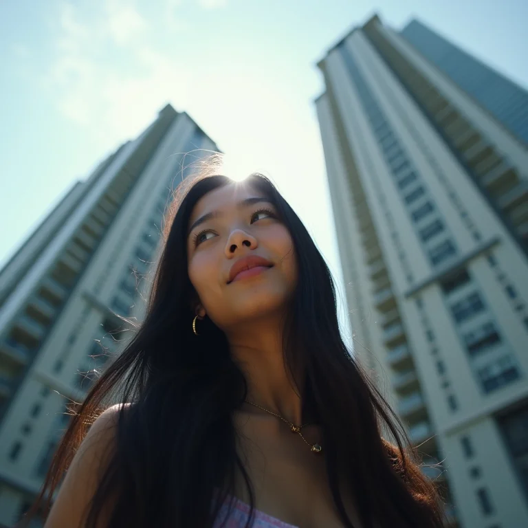 Jovem asiático-brasileira fotografando um prédio de baixo para cima.