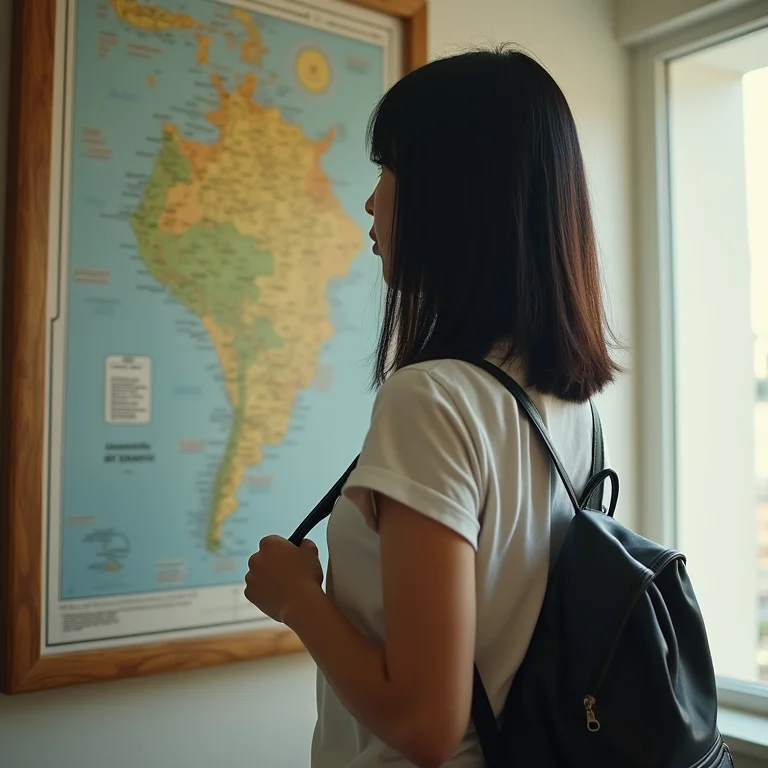 Jovem asiático-brasileira planejando roteiro de viagem em Minas Gerais.