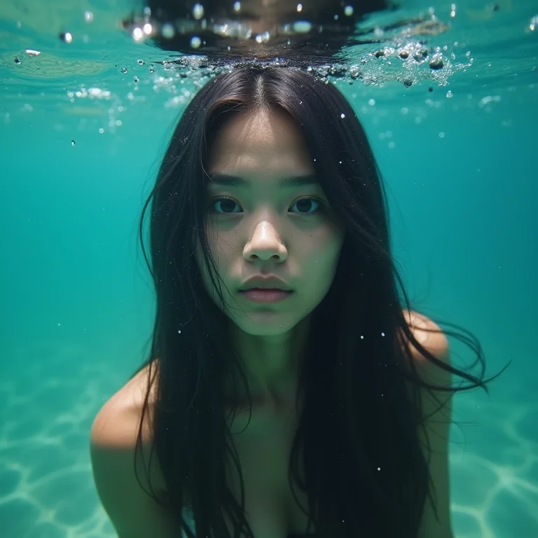 Jovem asiático-brasileira praticando snorkeling nas águas cristalinas de Taipu de Fora.
