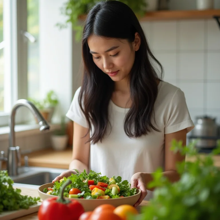 Jovem asiático-brasileira preparando salada