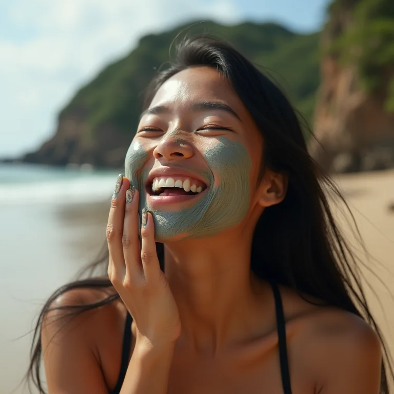 Jovem asiático-brasileira se divertindo com argila na Praia de Tambaba.