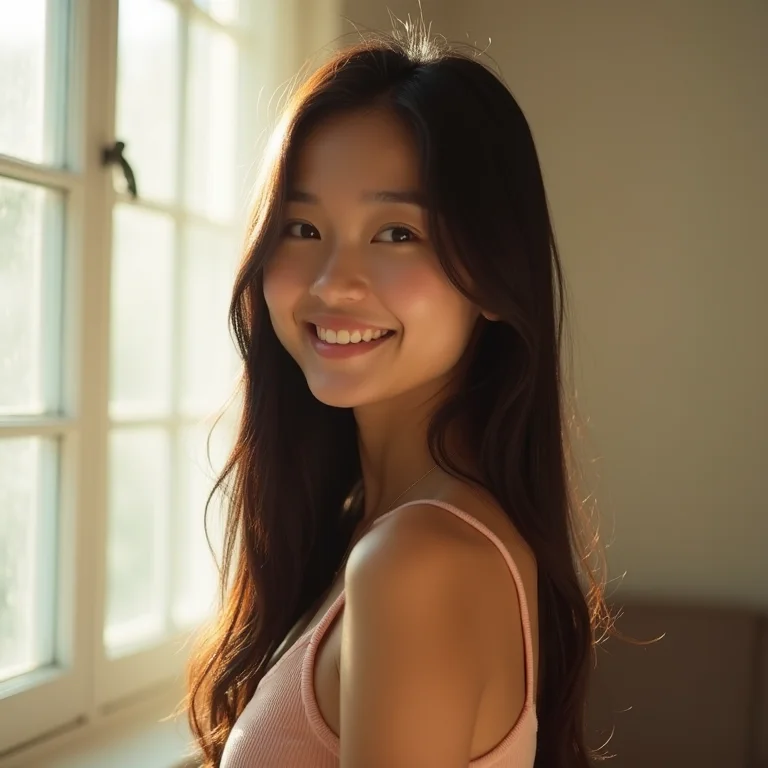 Jovem asiático-brasileira sorrindo com autoconfiança.