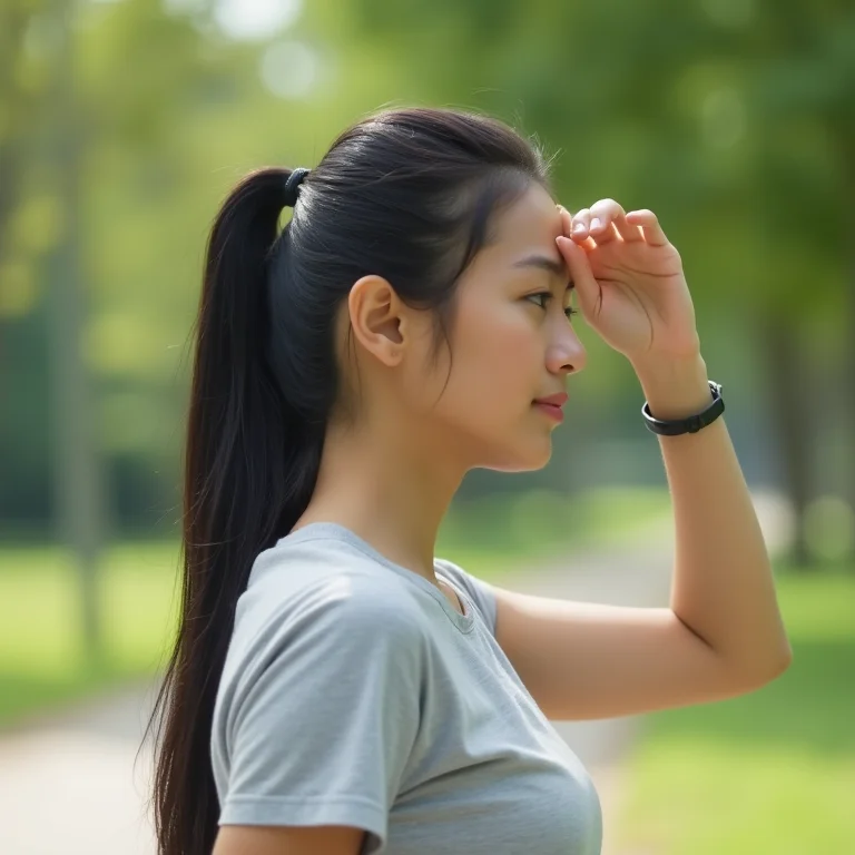Jovem asiático-brasileira usando camiseta de tecido respirável durante caminhada.