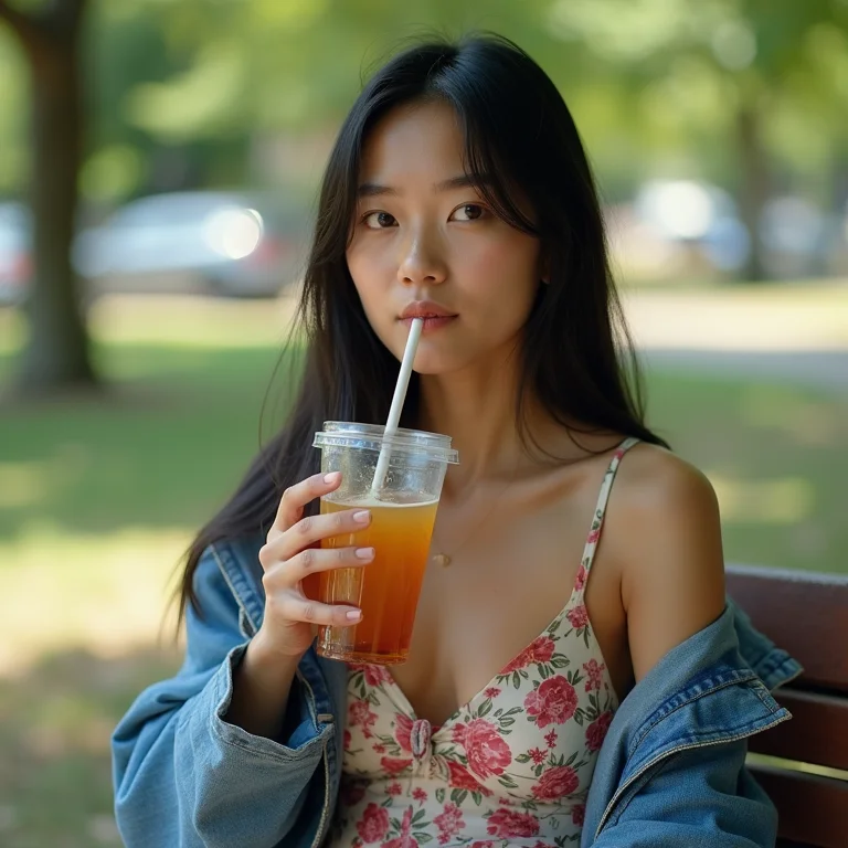 Jovem asiático-brasileira usando slip dress floral em um parque.