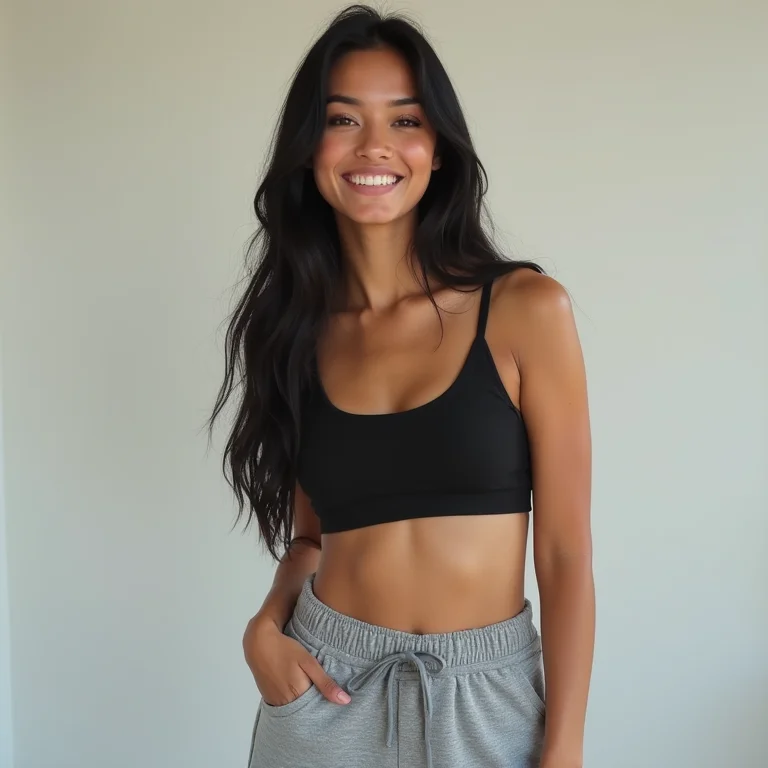 Jovem brasileira com look moderno de calça de moletom e cropped.