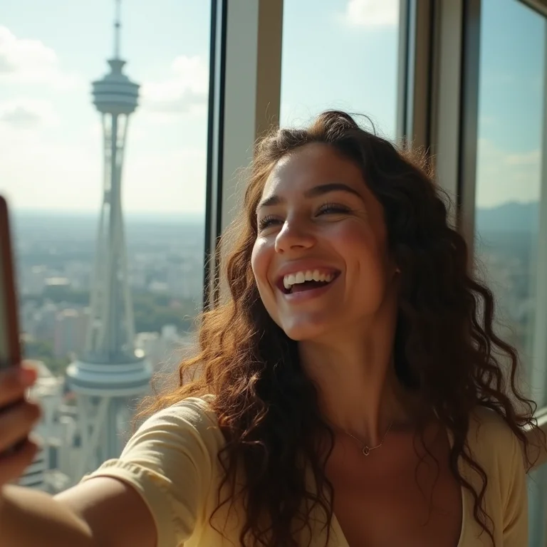 Jovem brasileira sorrindo em frente à Sky Tower, Auckland.