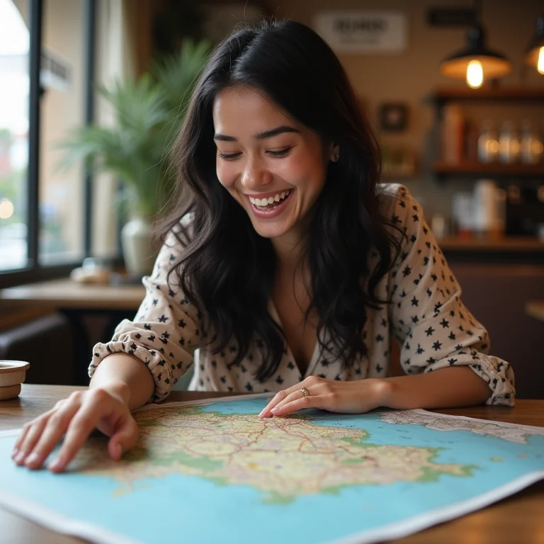 Jovem brasileira sorrindo enquanto aponta mapa.