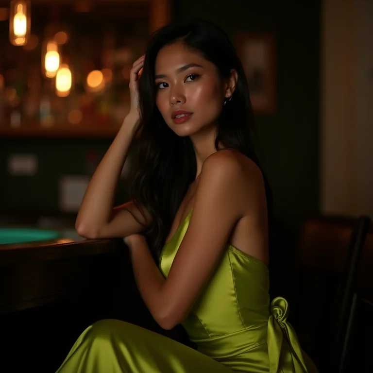 Jovem elegante com vestido verde lima em bar de cocktail sofisticado