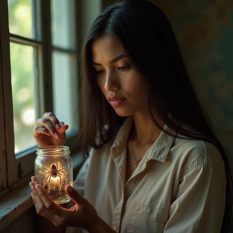 Jovem indígena brasileira observando uma aranha-armadeira.