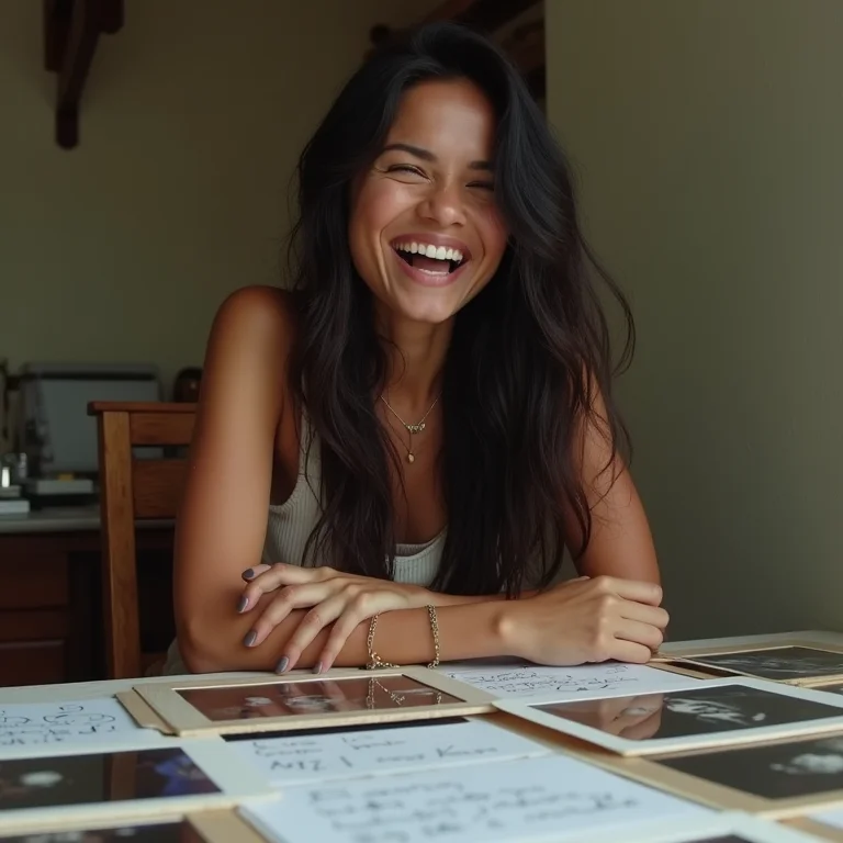 Jovem indígena rindo ao decorar mesa de memórias.