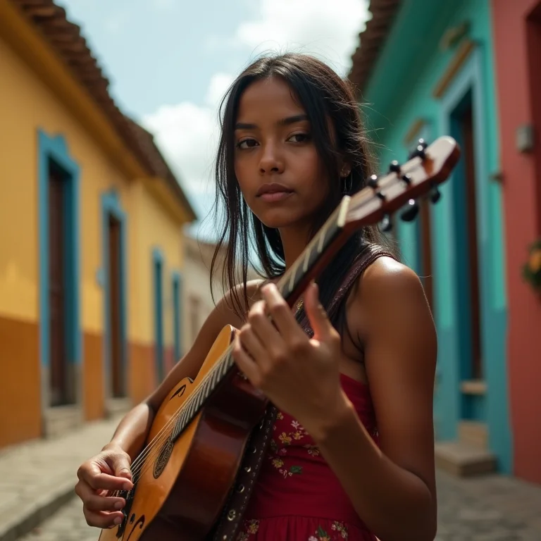 Jovem indígena tocando instrumento tradicional em rua colorida na Bahia.