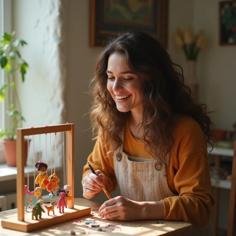 Jovem mãe criando decoração DIY para o quarto do bebê.