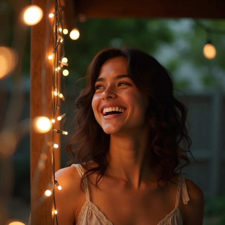 Jovem morena rindo enquanto decora com luzes.