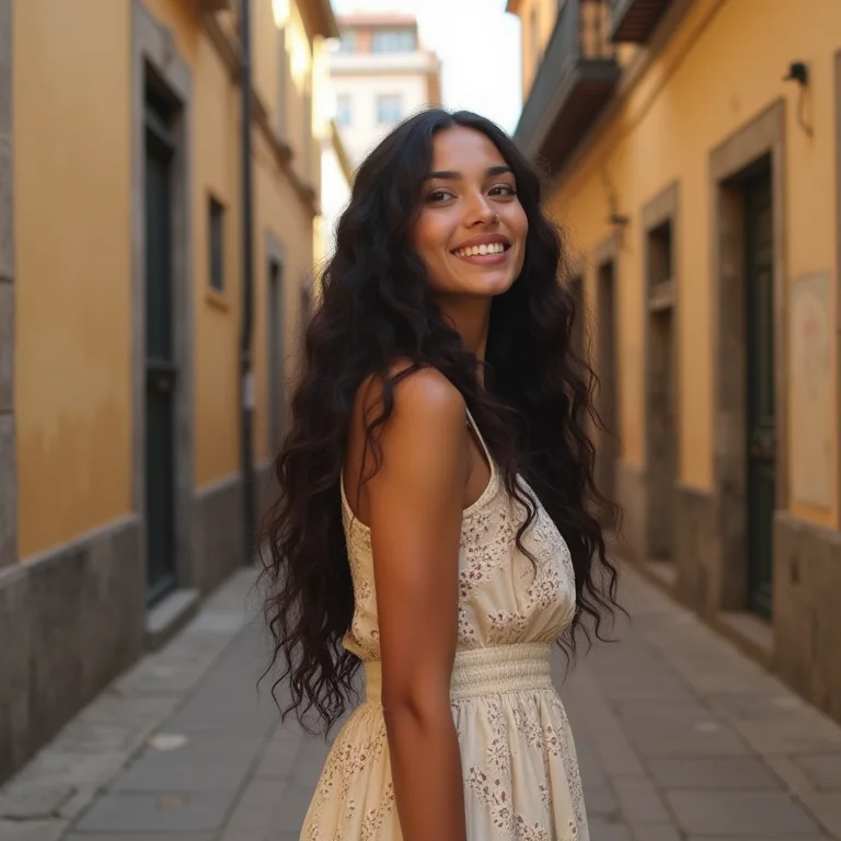 Jovem mulher parda explorando as ruas históricas de Mariana, Minas Gerais.
