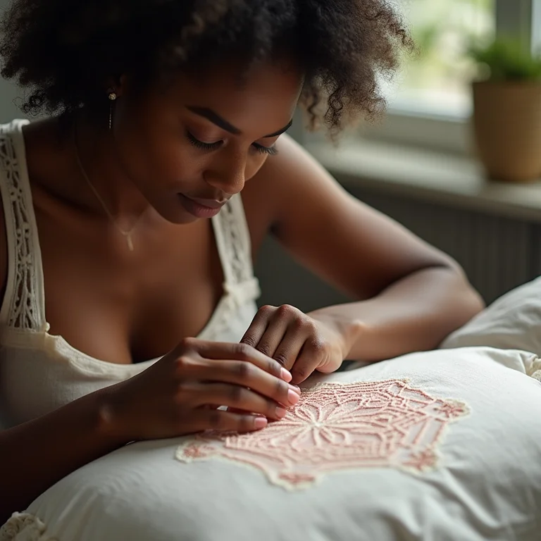 Jovem negra bordando almofada com padrão geométrico.