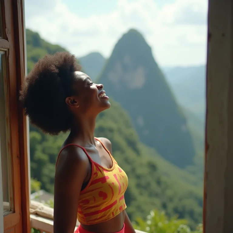 Jovem negra brasileira admirando o Salto Angel