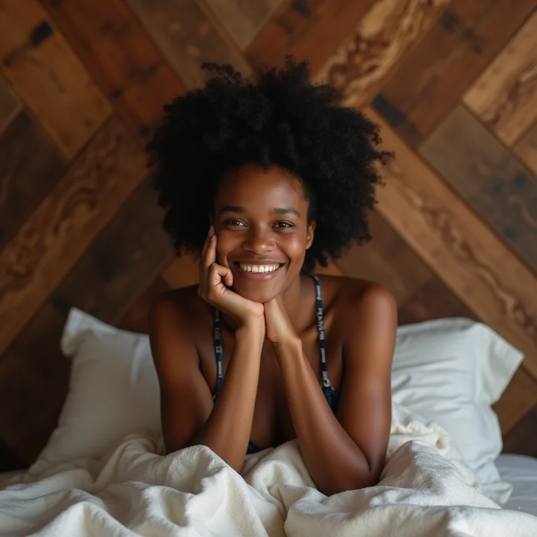 Jovem negra brasileira sorrindo ao lado de cabeceira de cama personalizada