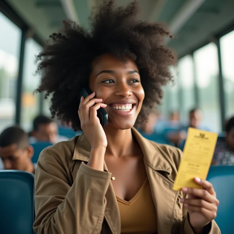 Jovem negra brasileira sorrindo em rodoviária