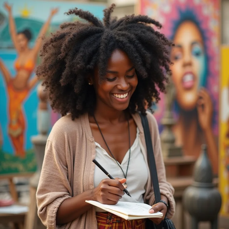 Jovem negra brasileira sorrindo enquanto desenha em uma feira de arte.