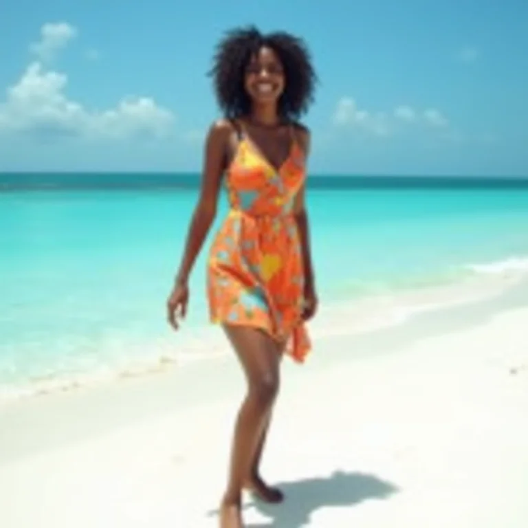Jovem negra brasileira sorrindo na praia de Holbox, México