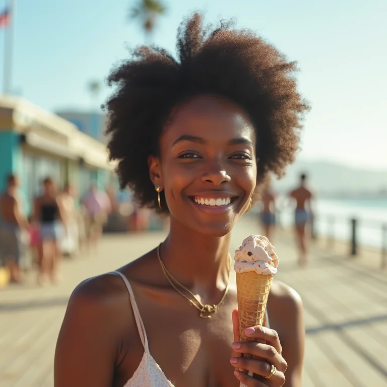 Jovem negra brasileira sorrindo no píer de Santa Monica