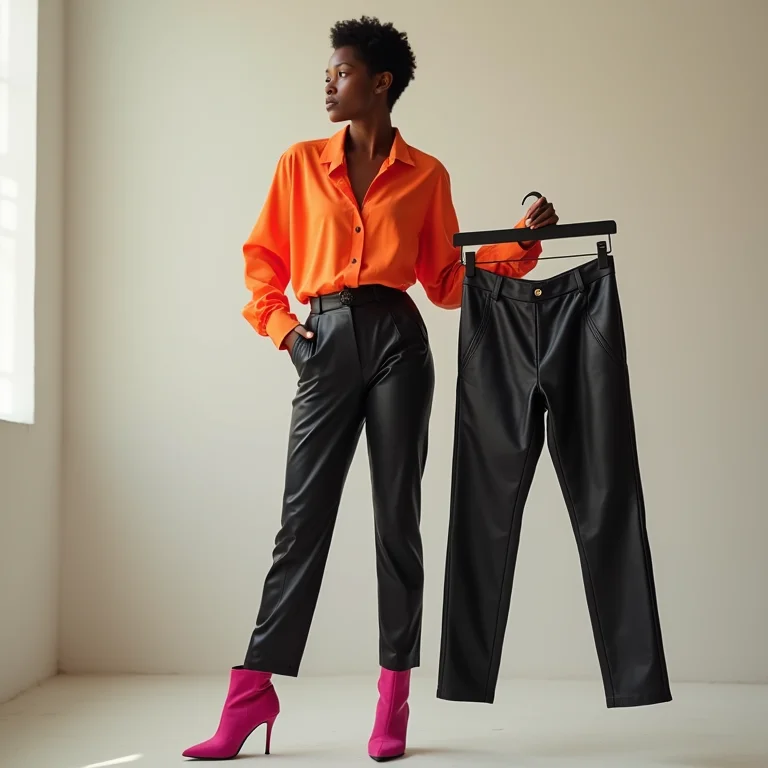 Jovem negra com calça de couro e blusa colorida